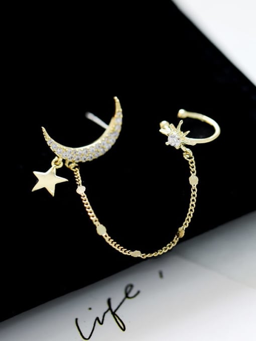 Gold [star moon] Brass Cubic Zirconia Star Trend Ear Chain Earring
